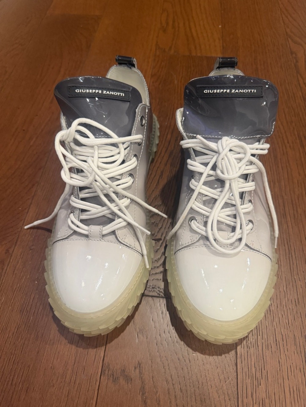 Giuseppe Zanotti White and Gray Patent Leather Platform Sneakers